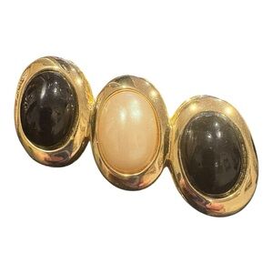 Vintage Triple Cabochon Gold Tone Bar Brooch Black & Pearl Opalescent J23